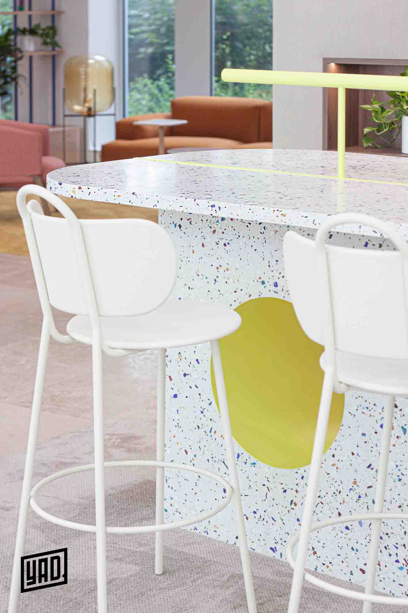 Zoom sur le terrazzo de la table haute du projet Hall Voyager